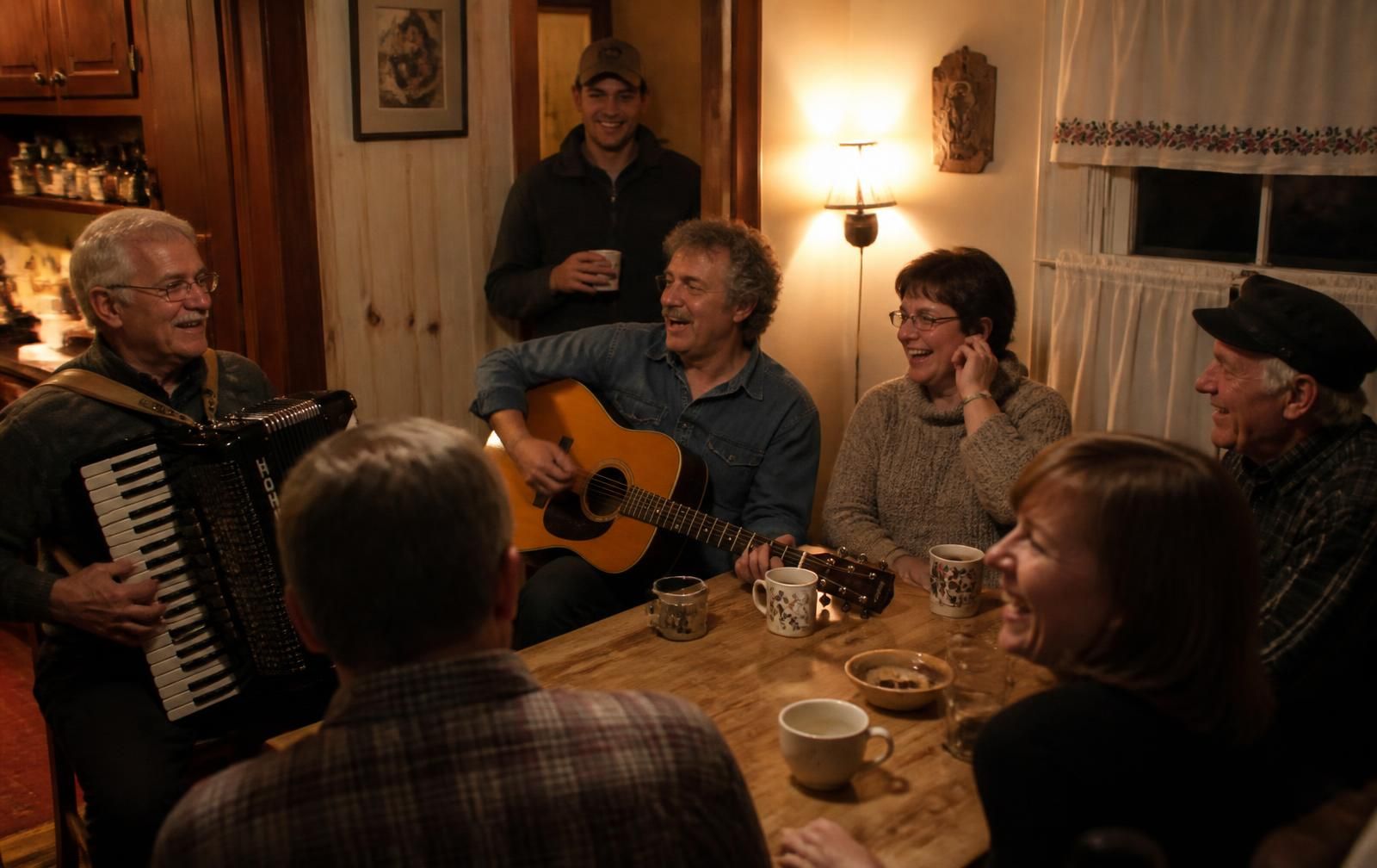 People singing and playing accordion and guitar around a kitchen table